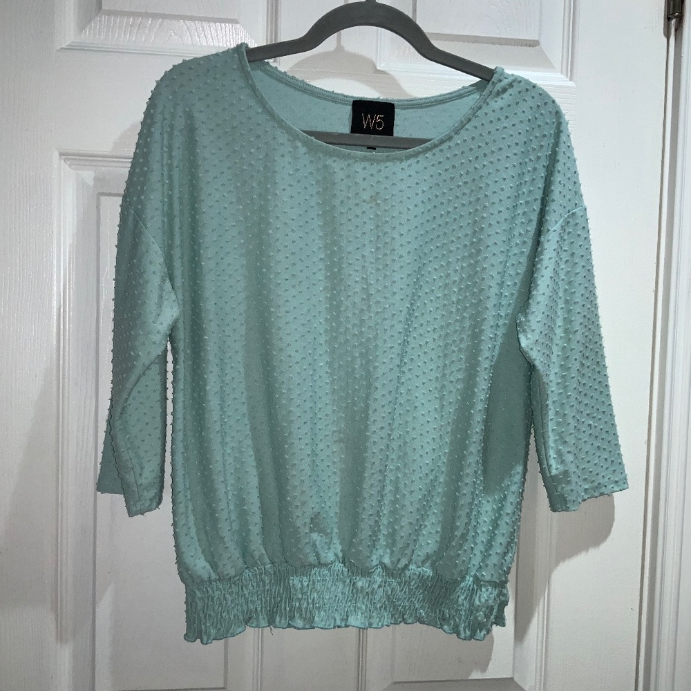 W5 Anthropologie Swiss dot green top smocked waist Sz M scoop neckline